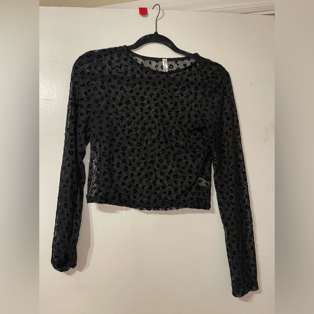 Black Sheer Long-Sleeve Cropped Top with Velvet Leopard Print